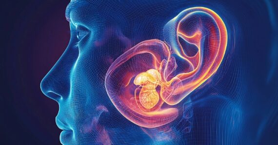 Untitled-2 (9) Digital illustration of a human head in profile with a detailed view of the inner ear anatomy, highlighting the structures involved in hearing and balance in a glowing, colorful design.