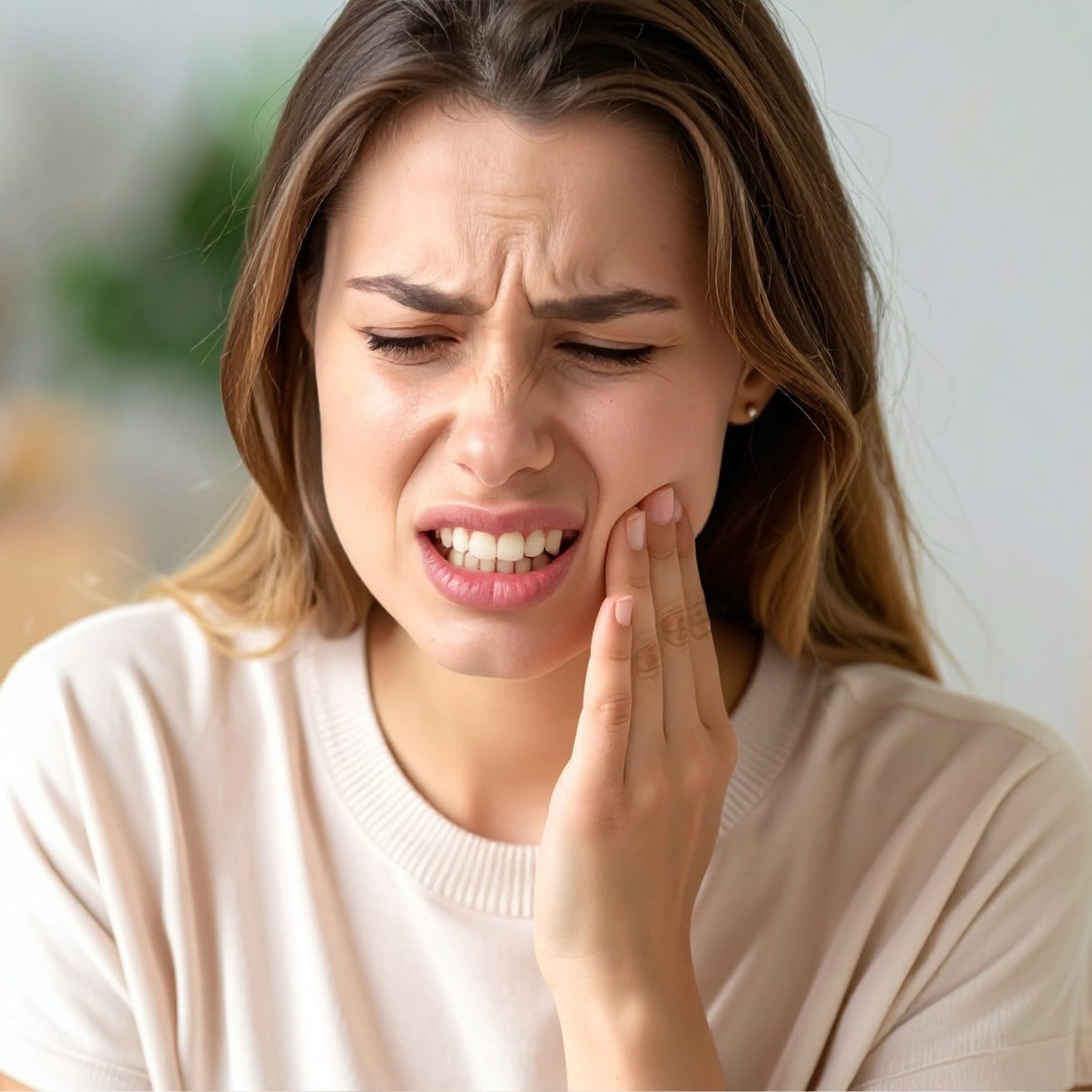jaw-pain-3 Woman experiencing jaw pain, holding her cheek in pain, highlighting dental discomfort and oral health issues.