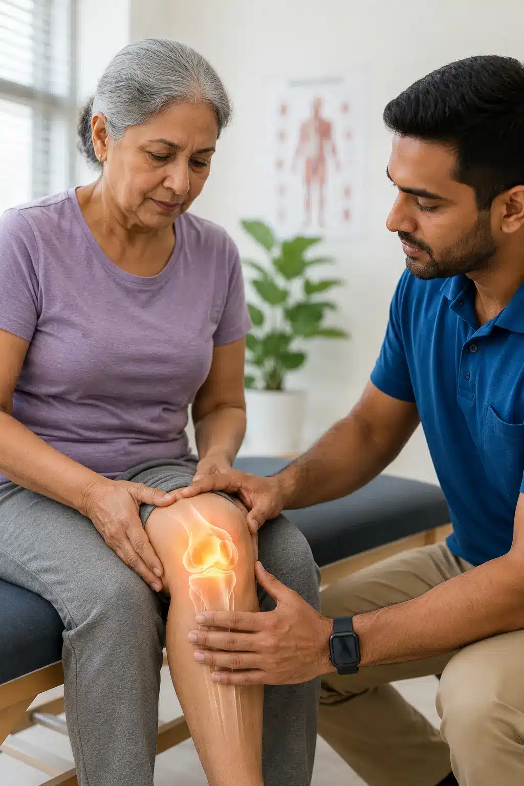 Healthcare provider examining a patient's knee to treat osteoarthritis pain and improve joint function in Schertz.