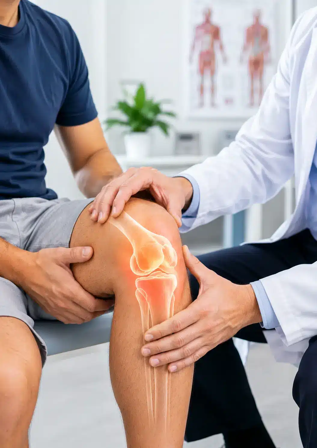 Doctor examining a patient's knee with highlighted joint pain during osteoarthritis treatment consultation in Schertz.