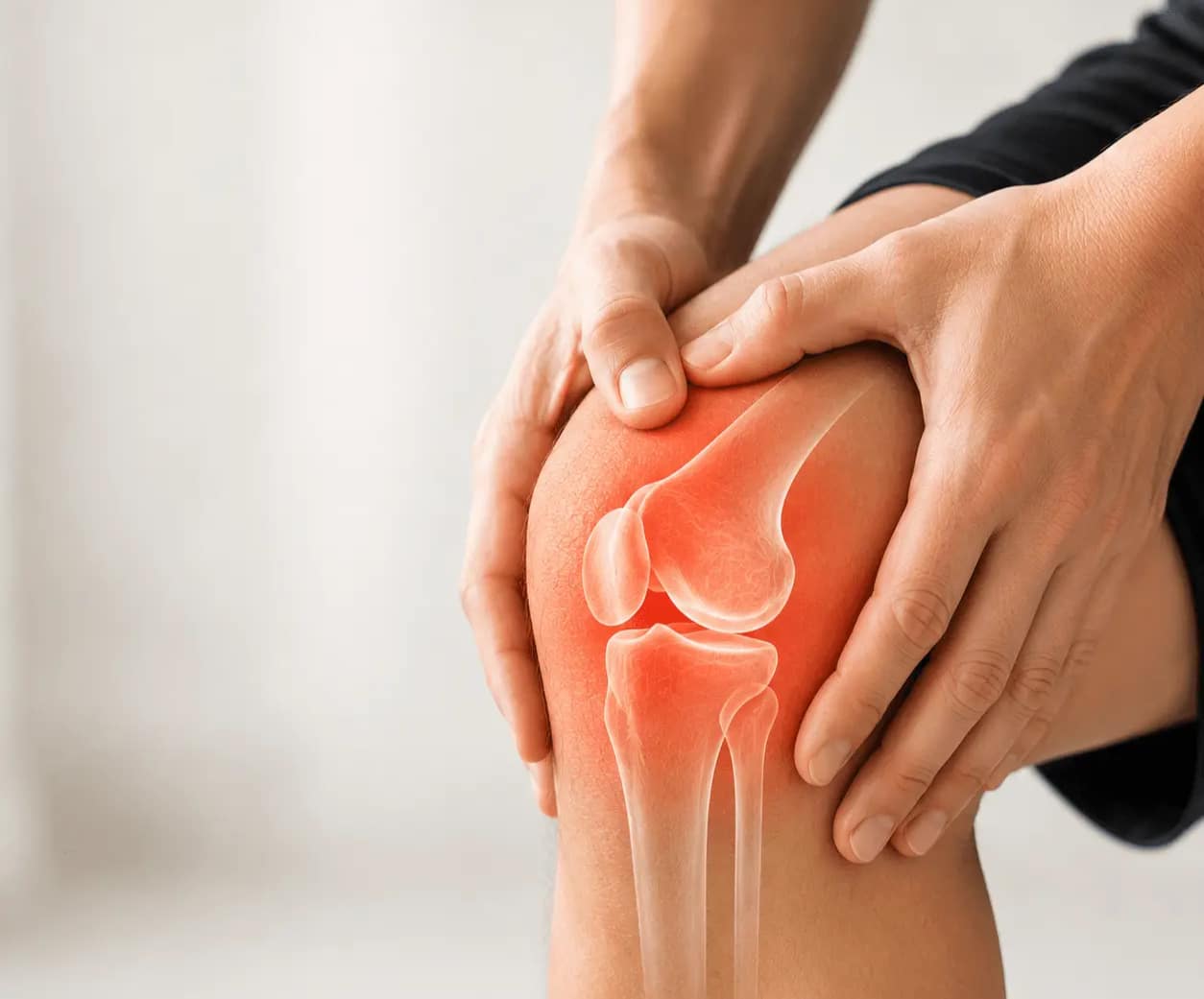 Person holding a painful knee with a highlighted knee joint illustration representing osteoarthritis and joint pain.